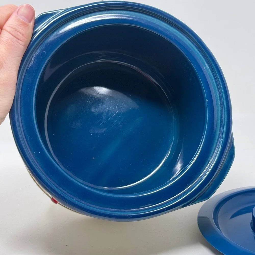 Rival Crock-Ette 1 Qt Stoneware Slow Cooker Fruit Pattern Blue Model Vtg Kitchen